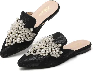 Tilocow Pearl Decor Mules for Women Flats Pointed Toe Backless Flat Slip On Slides Women's Mule Shoes
