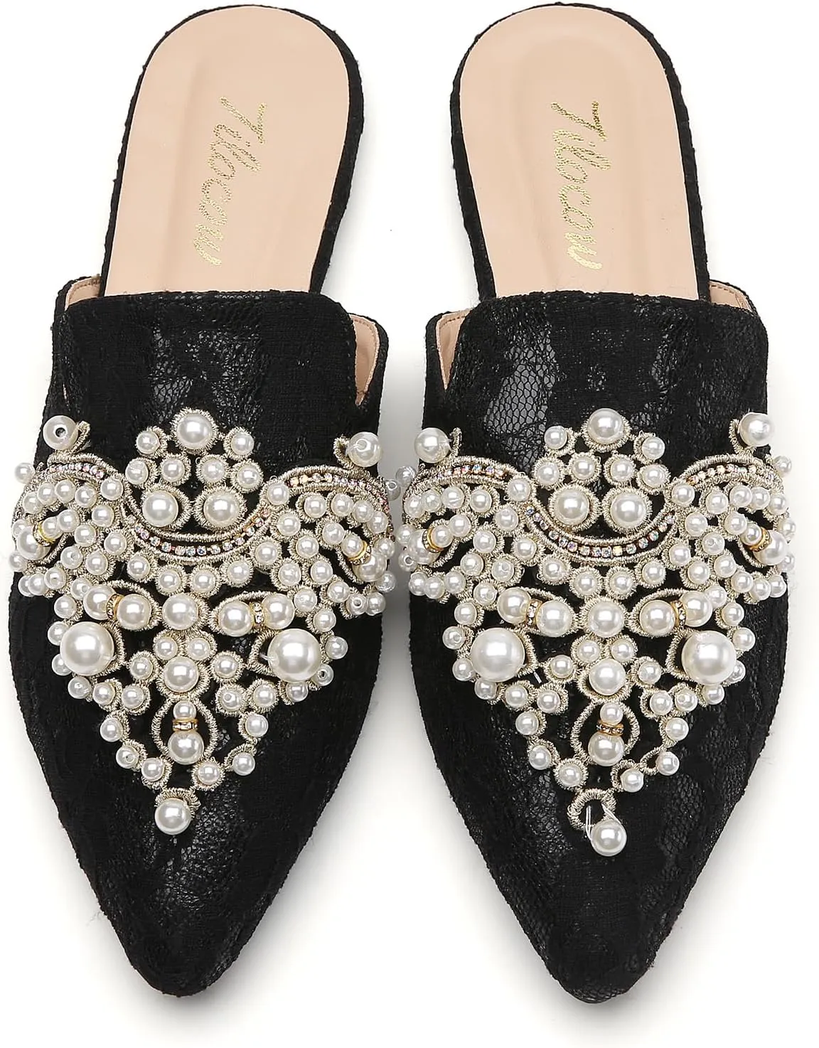 Tilocow Pearl Decor Mules for Women Flats Pointed Toe Backless Flat Slip On Slides Women's Mule Shoes