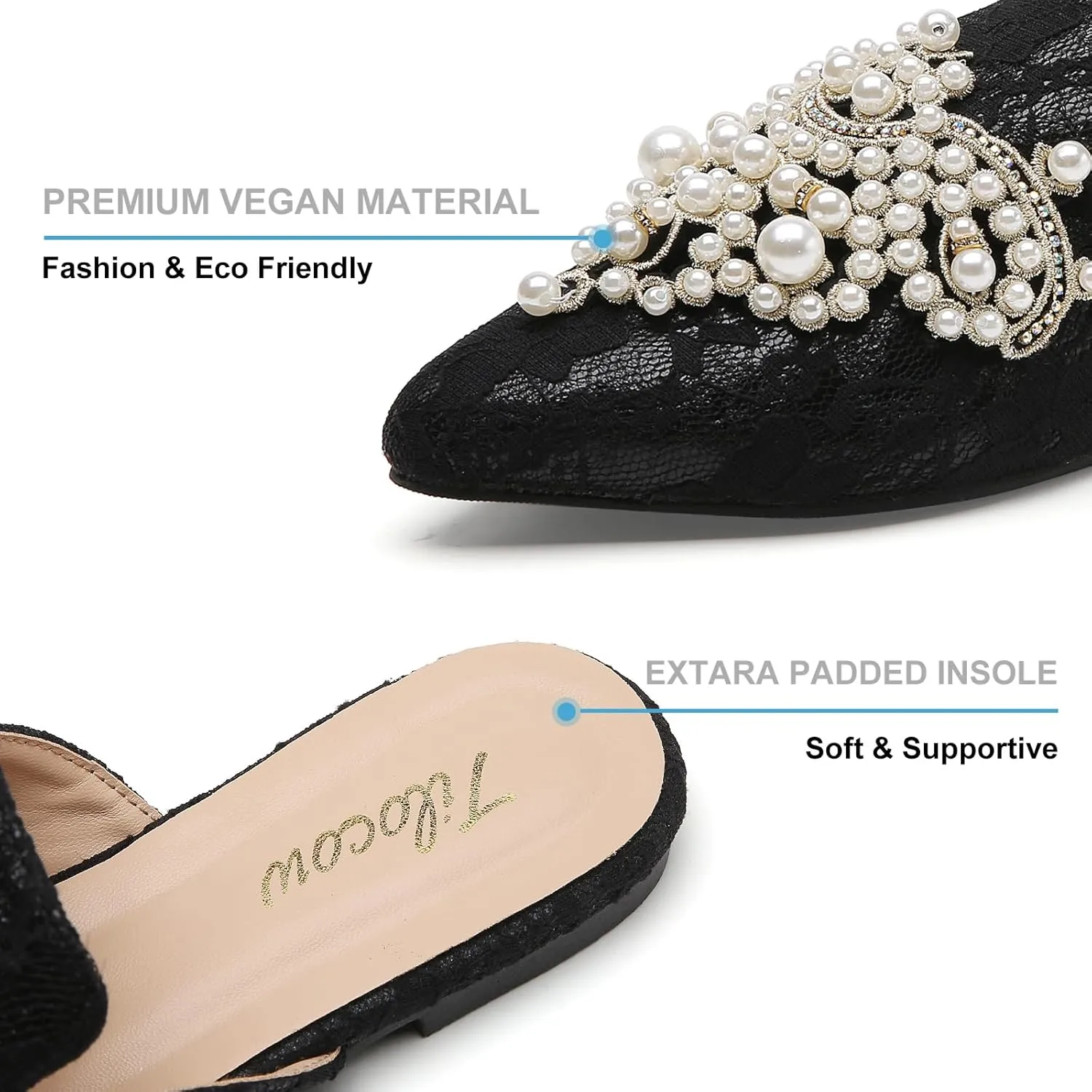Tilocow Pearl Decor Mules for Women Flats Pointed Toe Backless Flat Slip On Slides Women's Mule Shoes