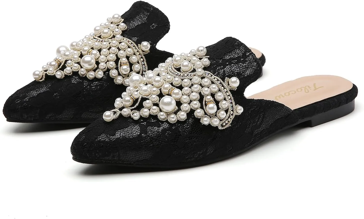 Tilocow Pearl Decor Mules for Women Flats Pointed Toe Backless Flat Slip On Slides Women's Mule Shoes