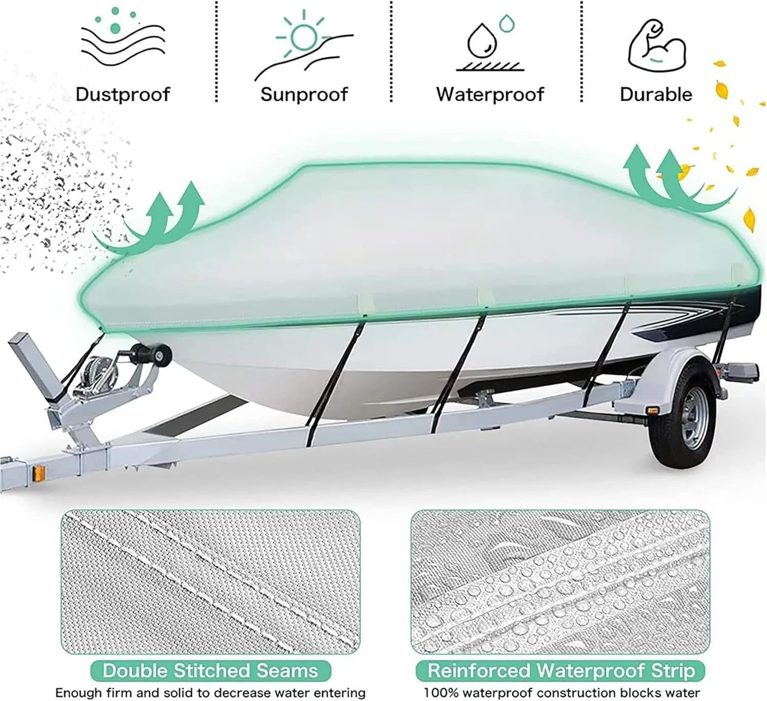 Trailerable Boat Cover, Heavy Duty 600 Denier Hard/T-Top Boat Cover Gray Waterproof, UV Resistant, Tear Proof Boat Covers Fits Trailerable Speedboat,16 * 18ft