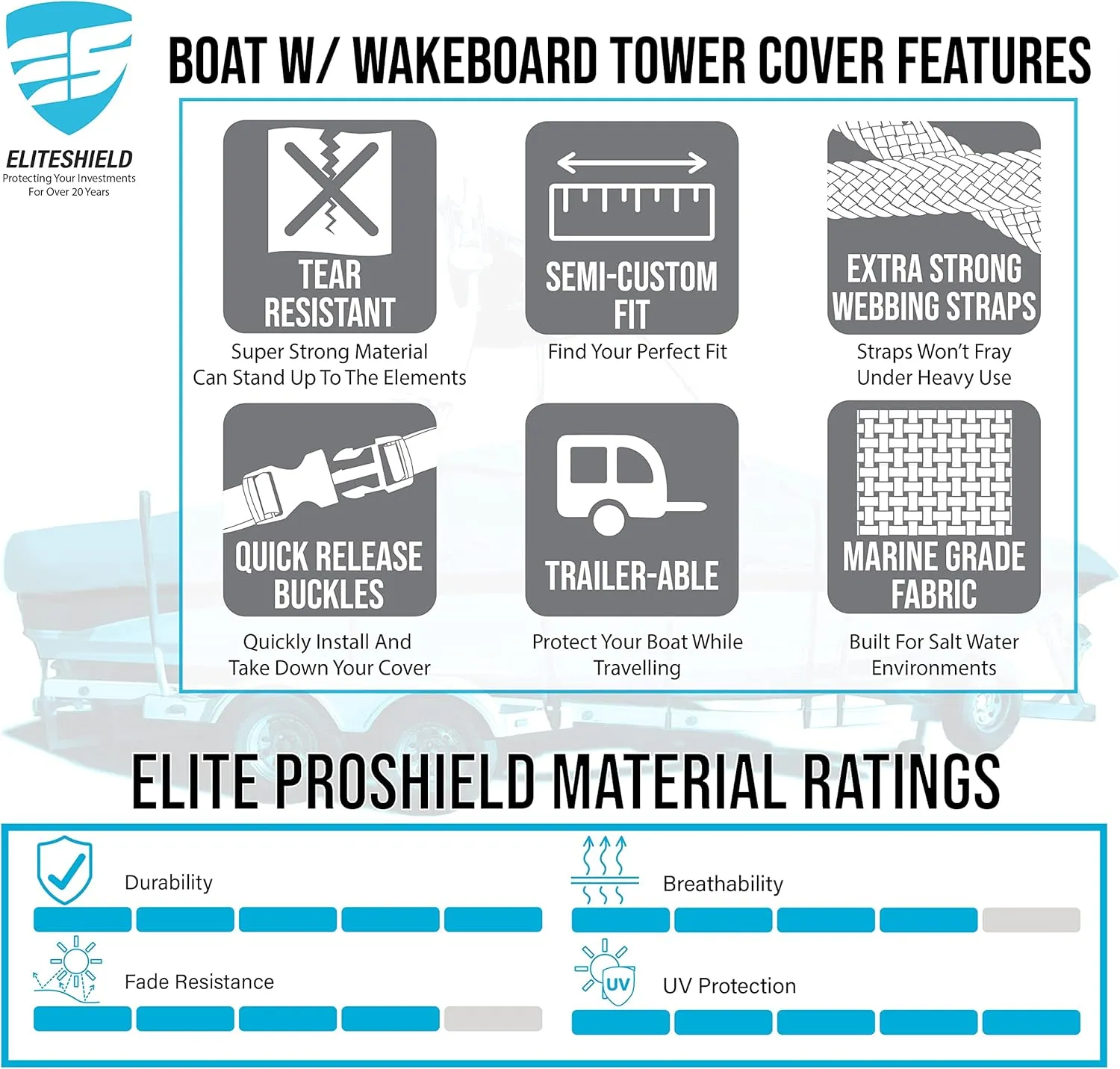 V-Hull Fishing Tournament Boat w/Ski Wakeboard Tower Boat Cover 18ft-19ft Long and 96" Wide Blue