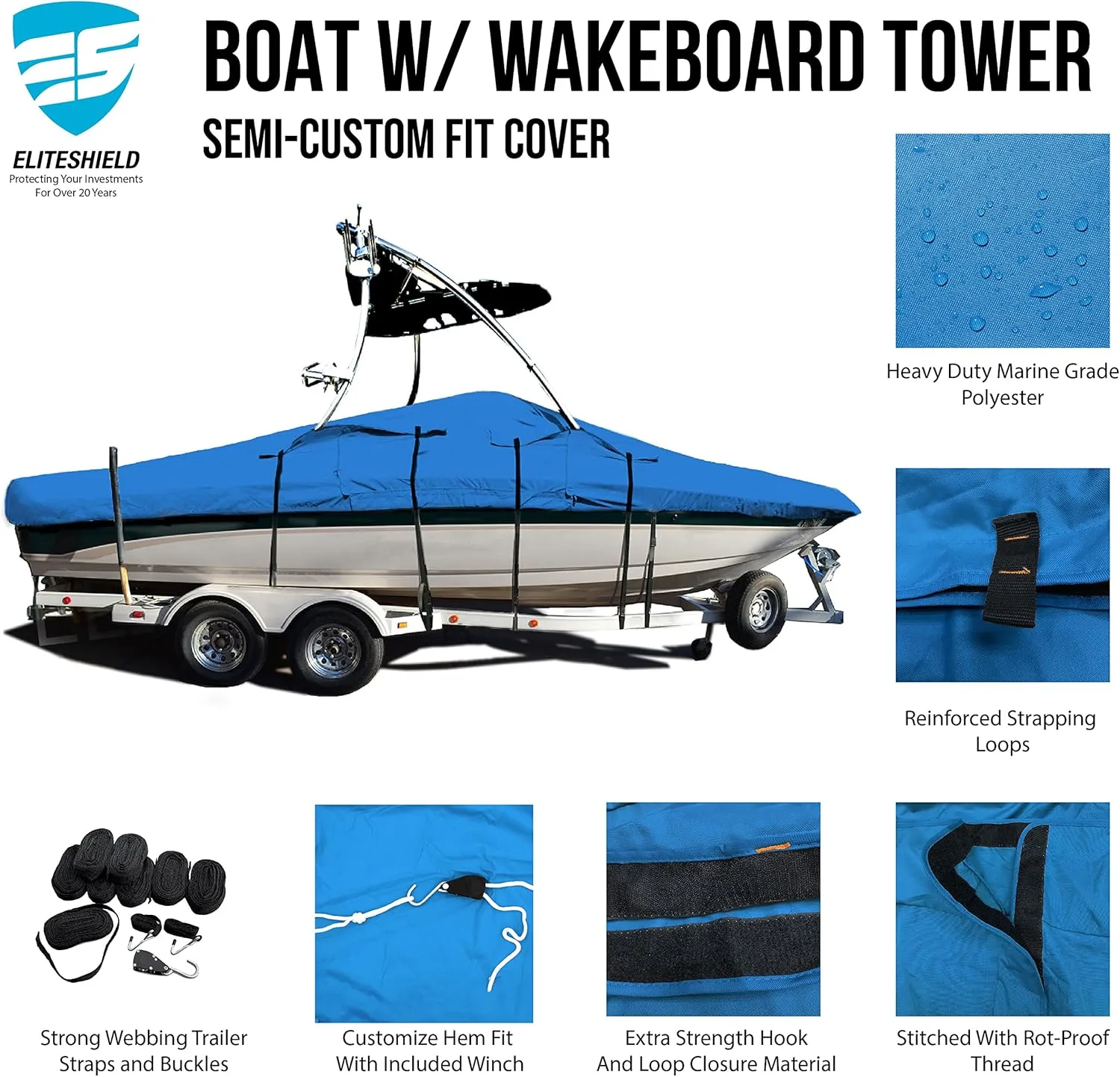 V-Hull Fishing Tournament Boat w/Ski Wakeboard Tower Boat Cover 18ft-19ft Long and 96" Wide Blue