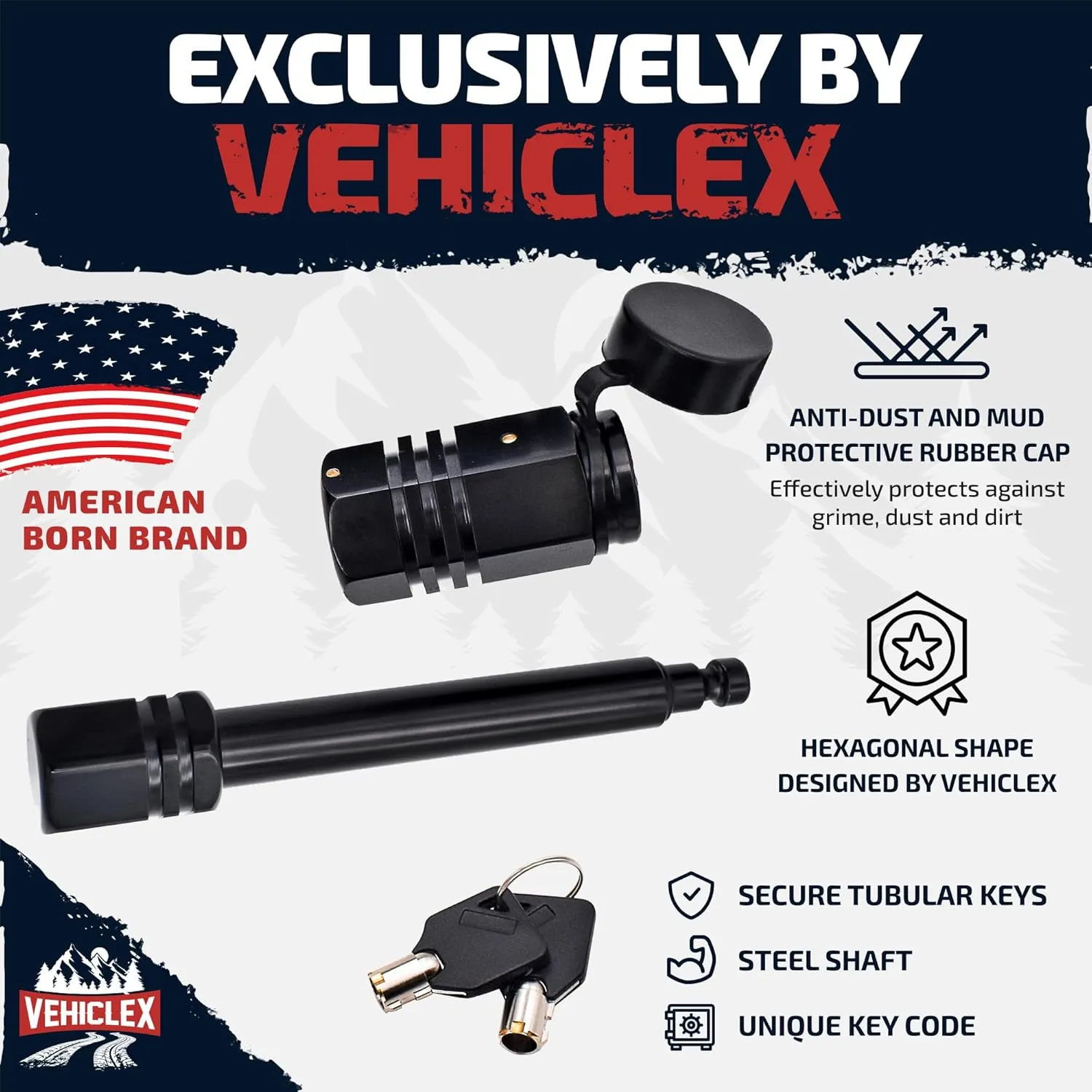 Vehiclex Trailer Hitch Pin Lock for 2" Receiver - Secure 5/8" Locking Pin for Class III, IV Hitch with Exclusive Tubular Key, Built Tough for Dust, Mud, and Thieves