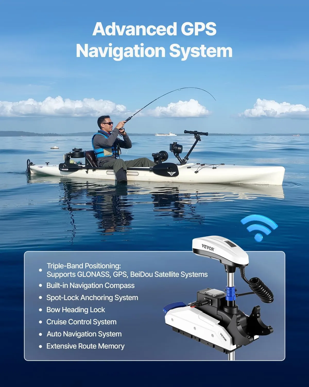 VEVOR Electric Trolling Motor, 12V 55lbs Thrust with GPS, 10-Speed Bow Mounted Saltwater Outboard Boat Motor with Remote Control & LCD Battery Indicator, for Kayaks, Fishing Boats, 54-Inch Shaft