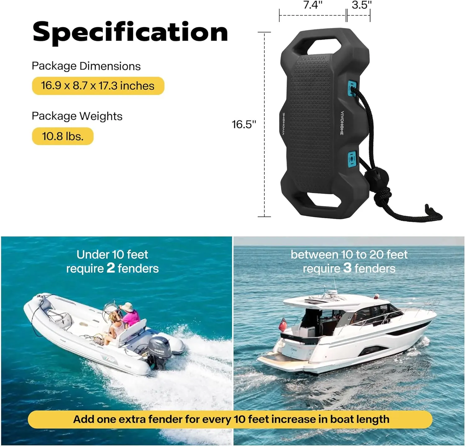 VIVOHOME EVA Boat Fenders for Docking, Boat Bumpers with Nylon Rope, and Fixed Lock Fit for Yachts, Sailing Dinghies, Bass Boats