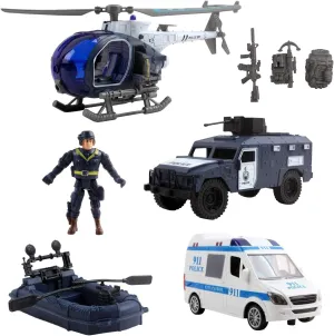 Vokodo Deluxe Police Special Operations Rescue Series Play Set Includes Armed Helicopter Armored Vehicle Ambulance Water Raft Canoe Soldier and Artillery Perfect Kids Pretend Army Action Toys
