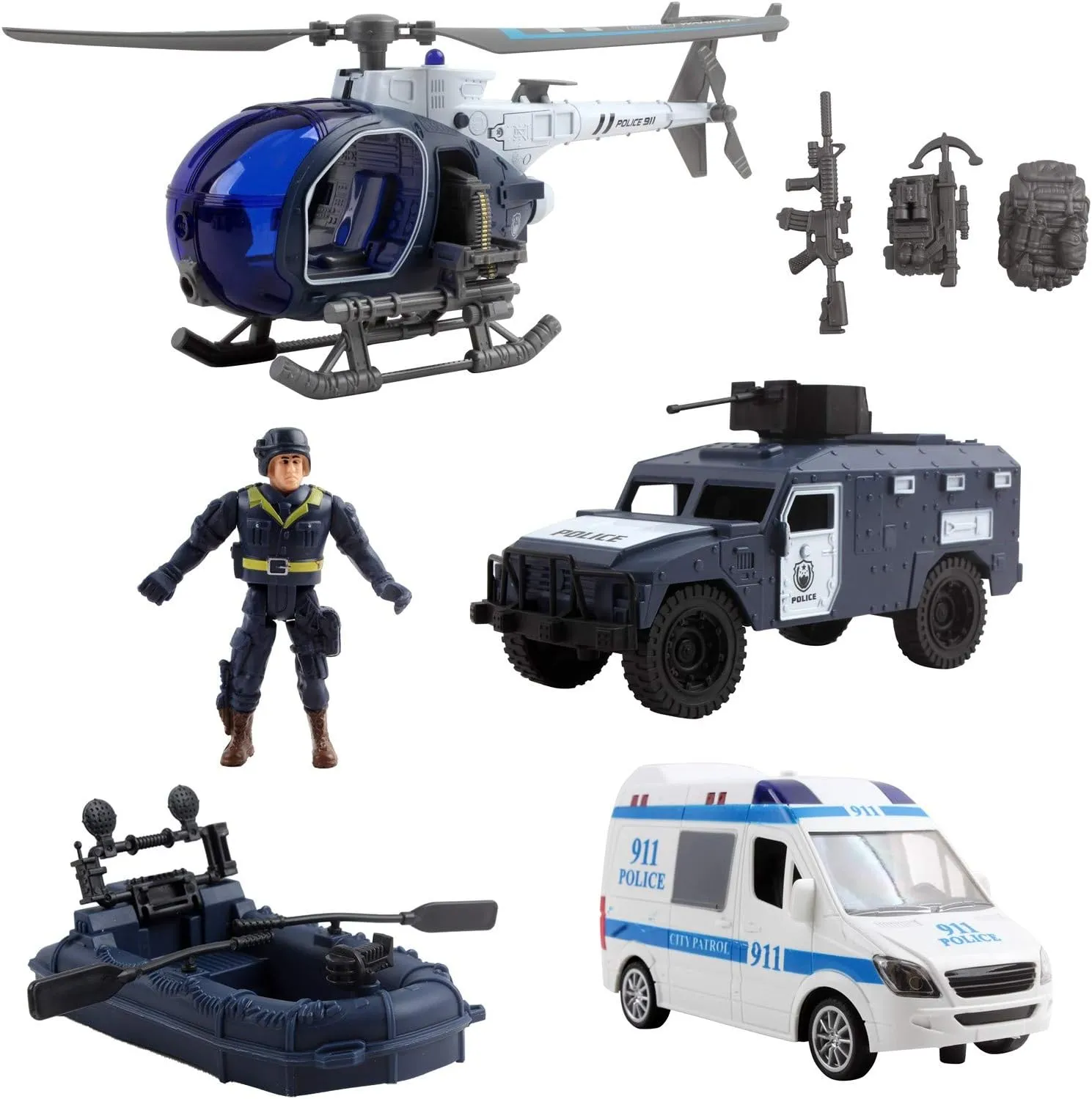 Vokodo Deluxe Police Special Operations Rescue Series Play Set Includes Armed Helicopter Armored Vehicle Ambulance Water Raft Canoe Soldier and Artillery Perfect Kids Pretend Army Action Toys
