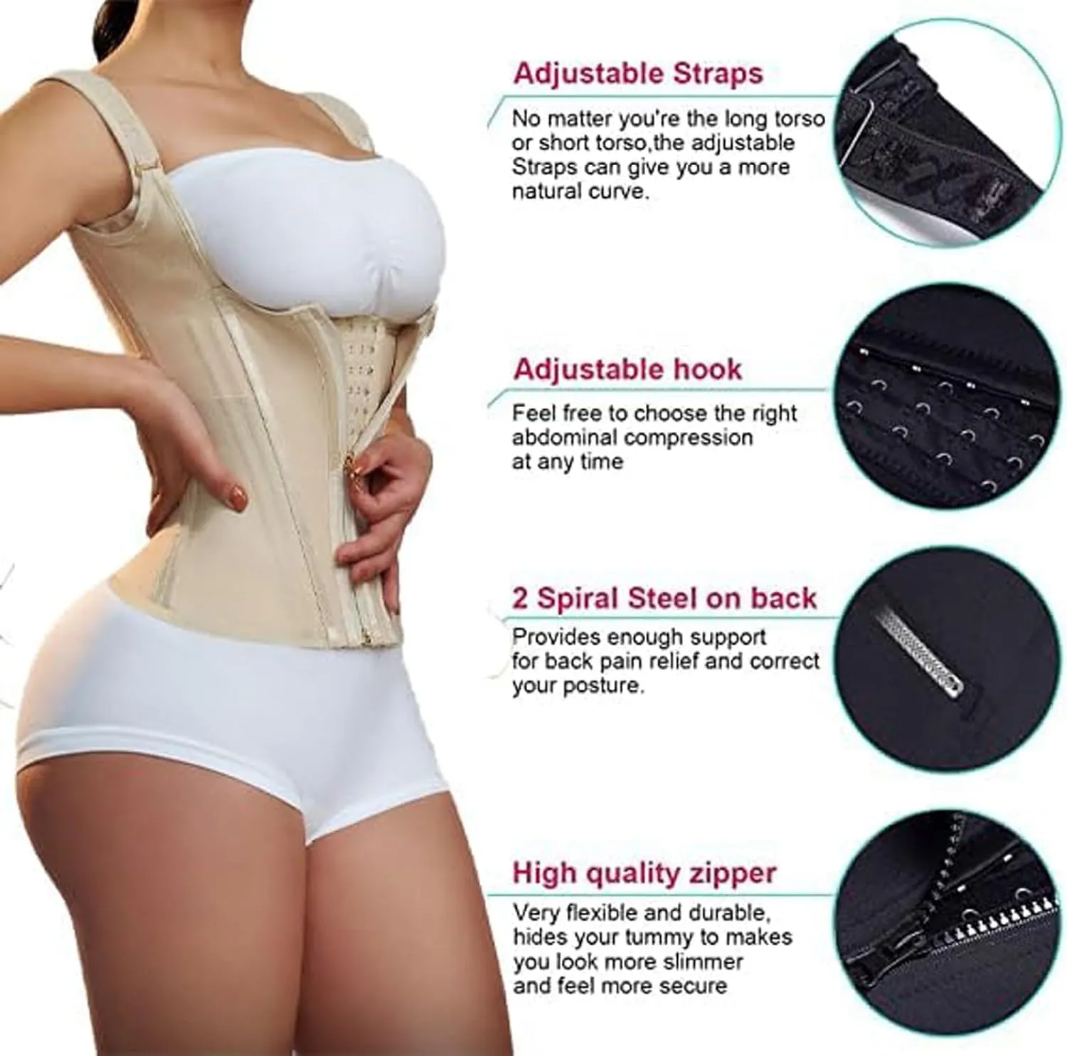 Waist Trainer Corset for Women Tummy Control Workout Body Shaper Corset Vest Girdle 15-Bone High-Elastic Girdle Tummy Control Belt Zippered Shapewear(White,S), Small