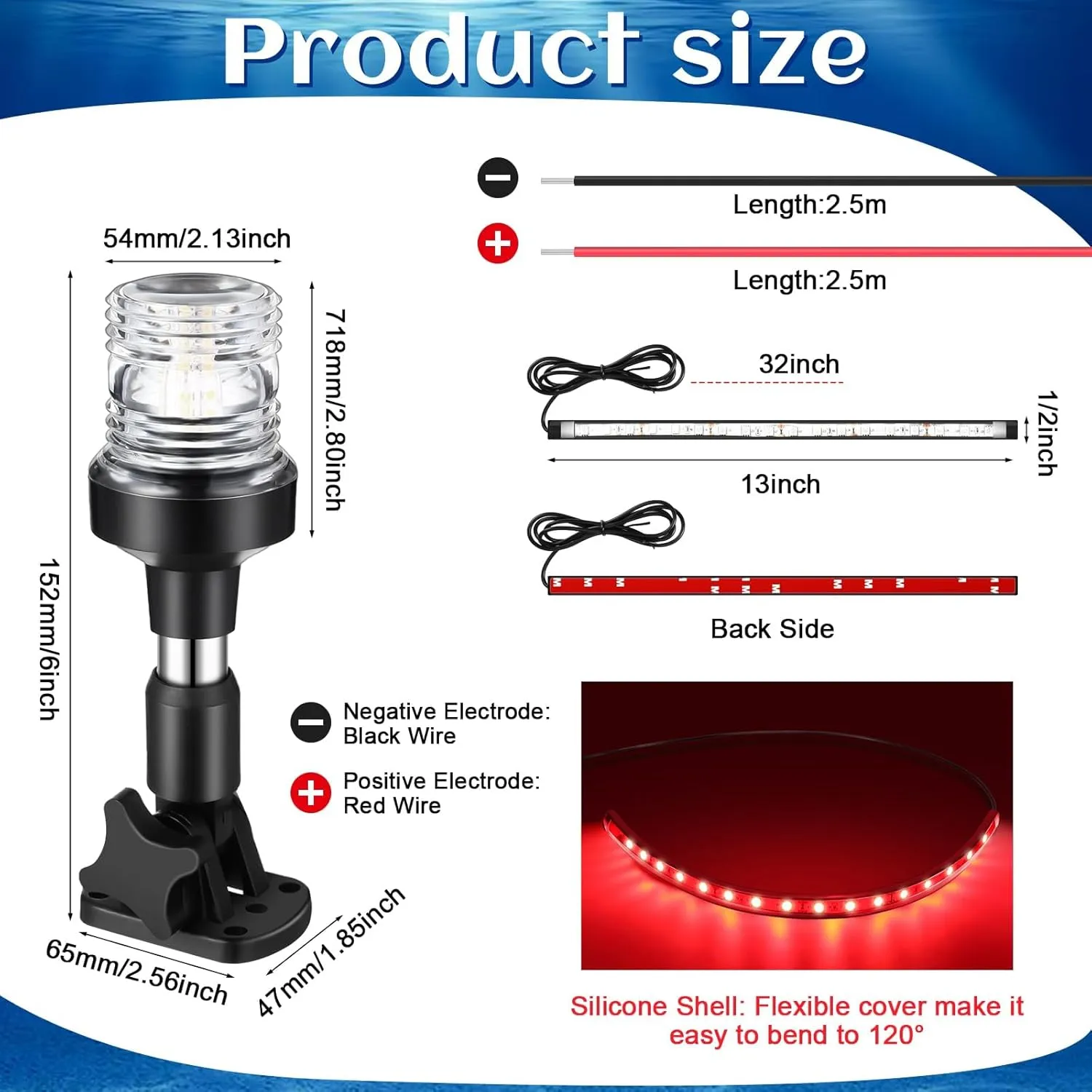 White LED Boat Stern Light with 2 Pcs 8.2ft Extra Cables All Round 12-24v, and 2 Pcs Navigation Lights LED Anchor for Boats Red and Green Running Marine(6 Inch)