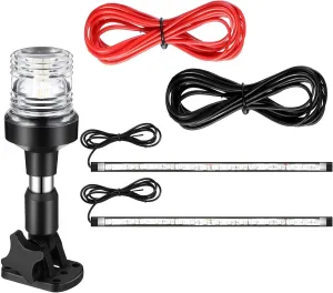 White LED Boat Stern Light with 2 Pcs 8.2ft Extra Cables All Round 12-24v, and 2 Pcs Navigation Lights LED Anchor for Boats Red and Green Running Marine(6 Inch)