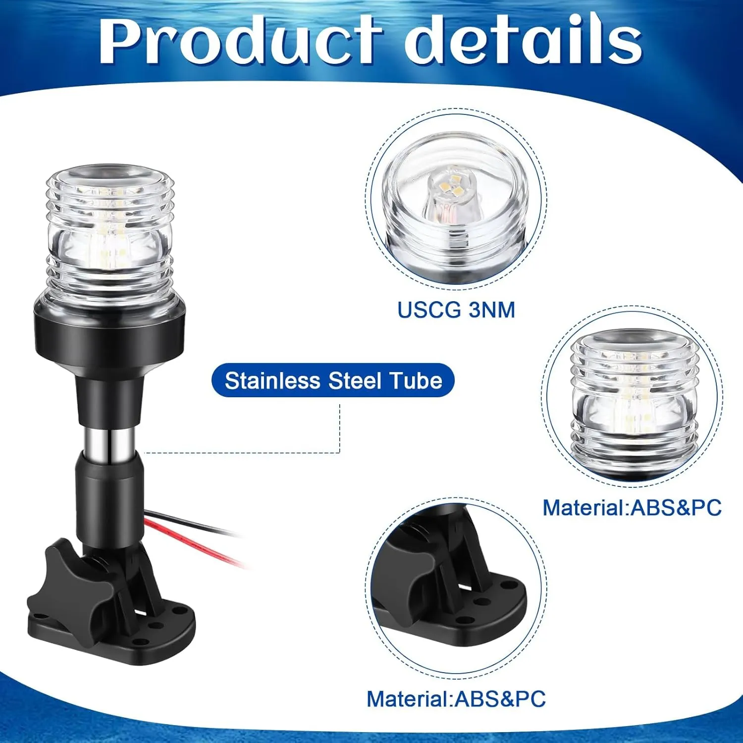 White LED Boat Stern Light with 2 Pcs 8.2ft Extra Cables All Round 12-24v, and 2 Pcs Navigation Lights LED Anchor for Boats Red and Green Running Marine(6 Inch)