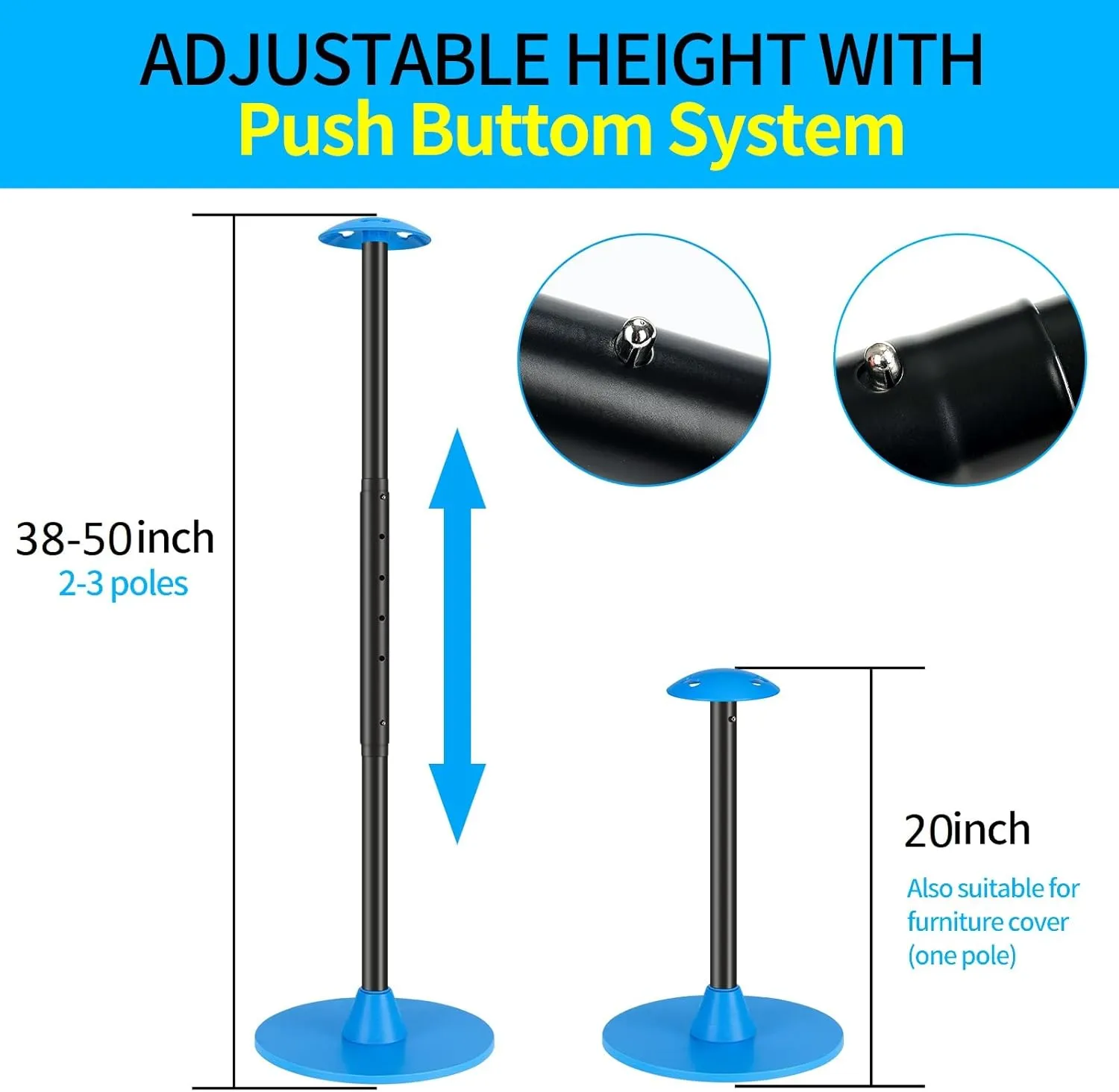 Windproof Boat Cover Support Pole System 2 Pcs with 7 Adjustable Height Telescoping Iron Furniture Cover Support Pole 20"-50" with Sandbag Storage Bag
