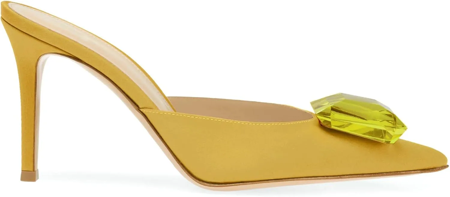 Woman Heeled Mules Rhinestone Pointy Closed Toe Sandals Kitten High Heels Sandals Summer Slip on Mule Heels Bridal Dress Shoes