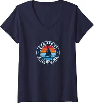 Womens Beaufort South Carolina SC Vintage Sailboat Retro 70s V-Neck T-Shirt