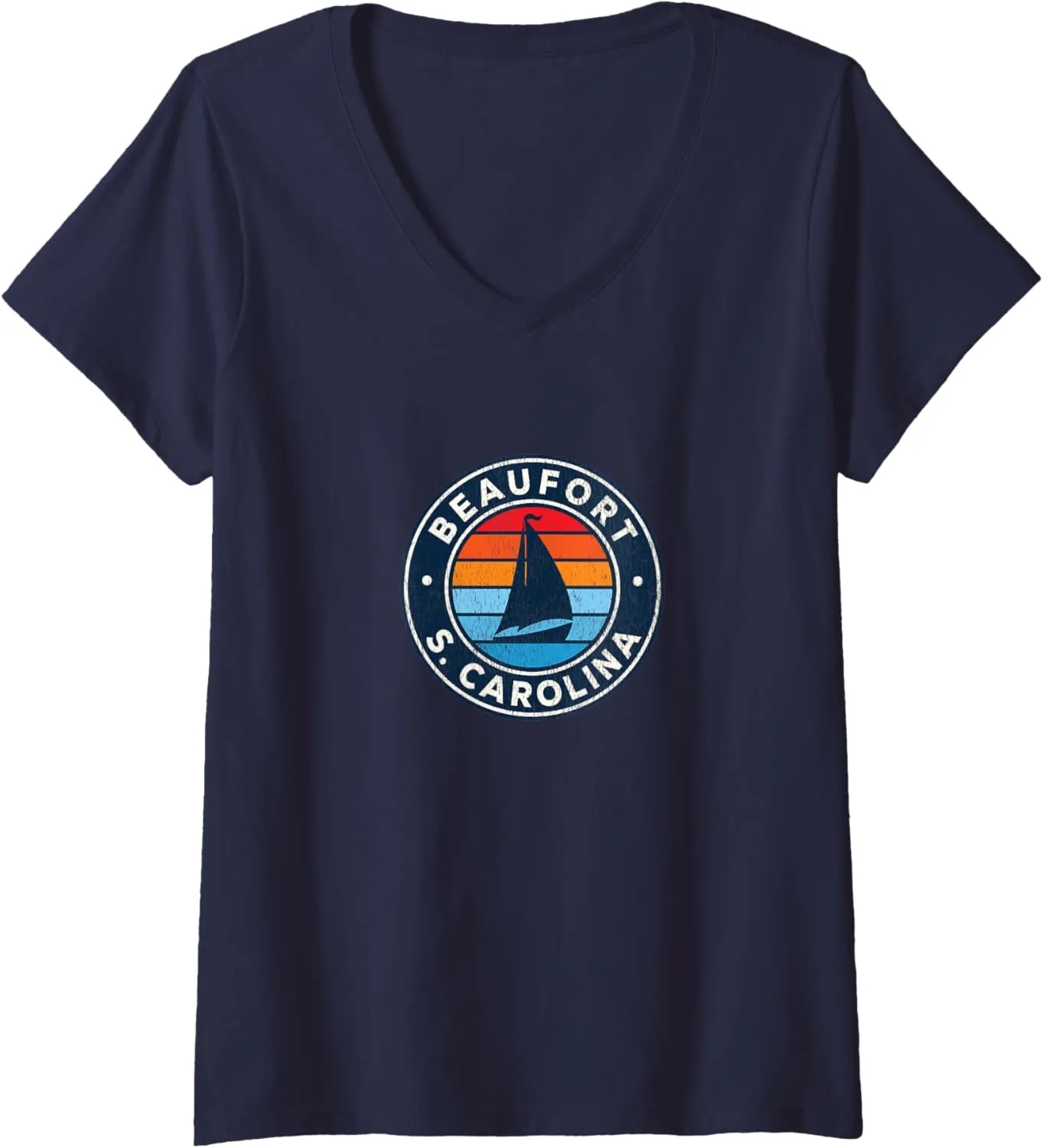 Womens Beaufort South Carolina SC Vintage Sailboat Retro 70s V-Neck T-Shirt