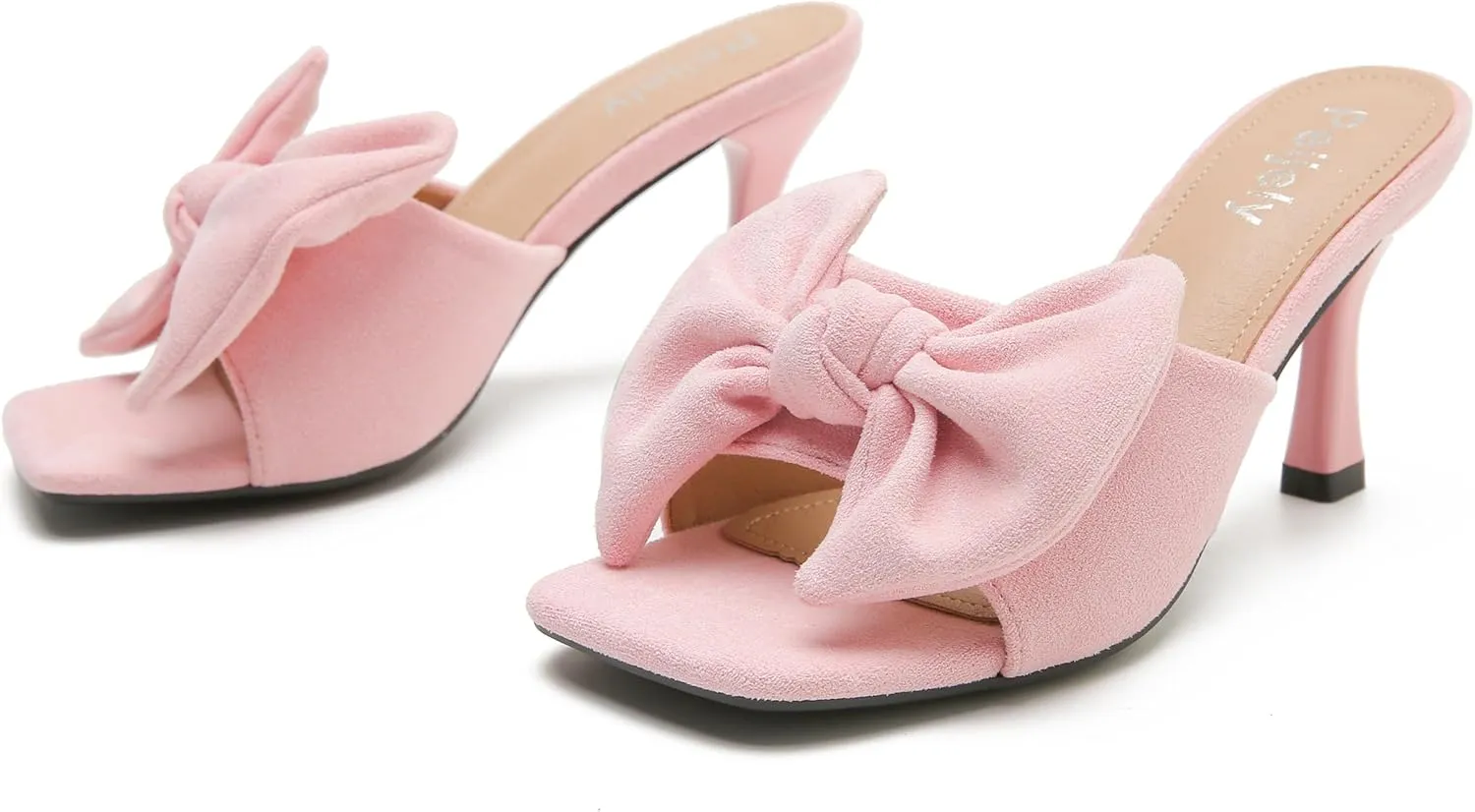Women's Bow Sandal Mid High Kitten Heel Slip on Square Toe Mule Heels