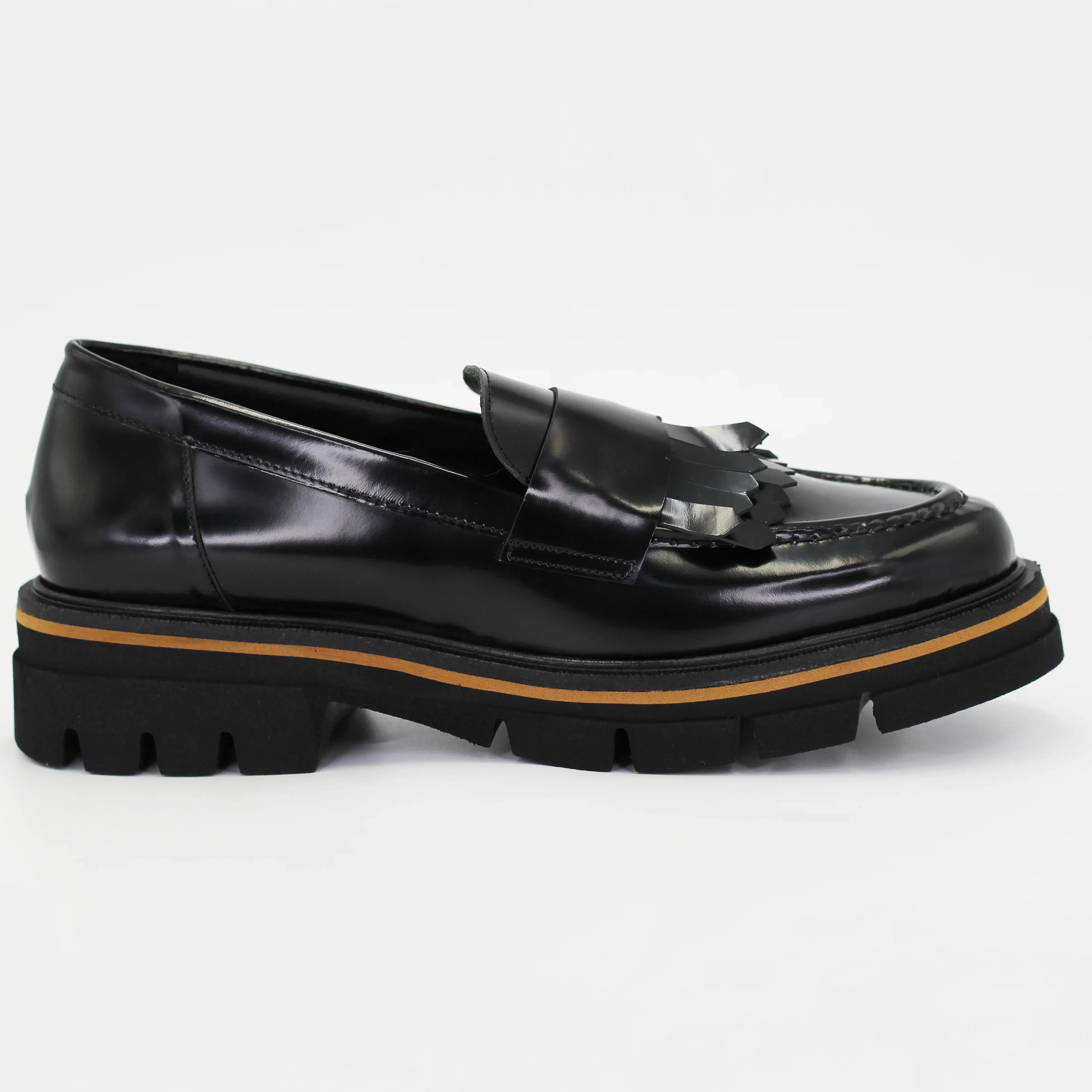 Women's chunky loafer with fringe in calf leather nero (MP3200)