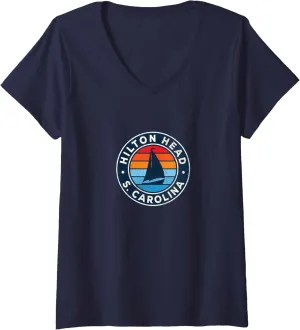 Womens Hilton Head Island South Carolina SC Vintage Sailboat Retro V-Neck T-Shirt