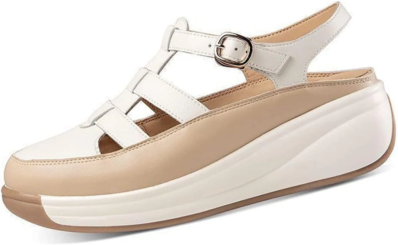 Women's Leather Closed Toe Fisherman Sandal,Adjustable Hollow Platform Slip On Loafer Sandal,Soft Sole Non-Slip Beach Walking Mom Sandal