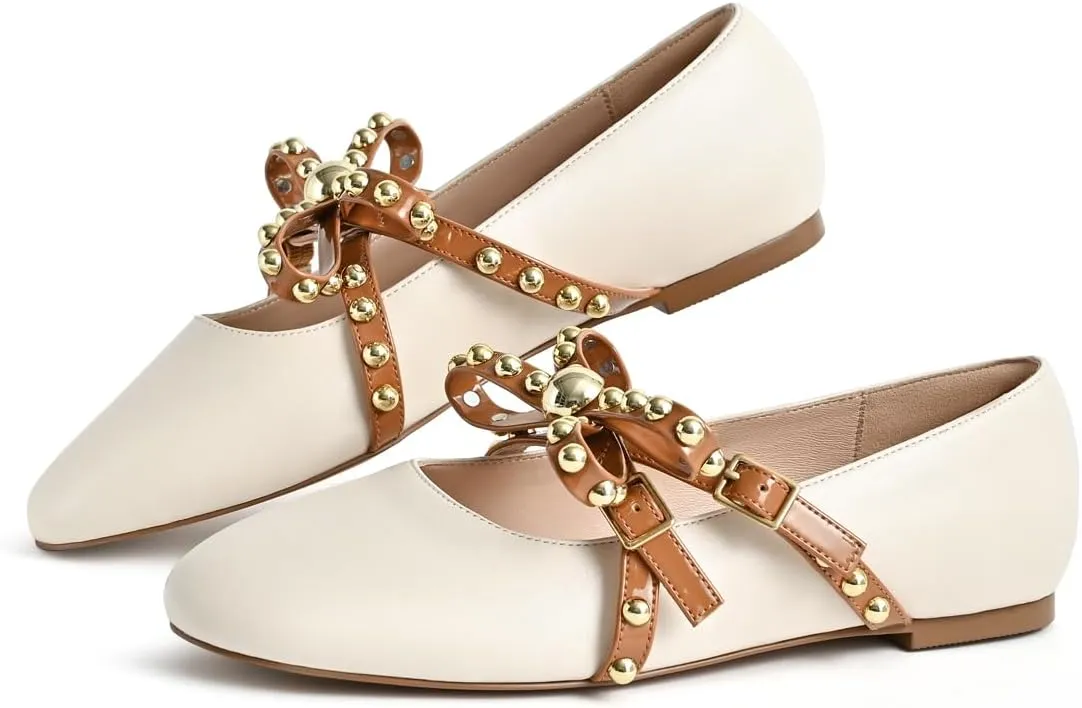 Women's Mary Jane Flats Round Toe Ballet Flats Shoes Pearl Embellished Bow Loafer Flats Slip On Comfortable Stud Strap Soft Dressy Flats Shoes