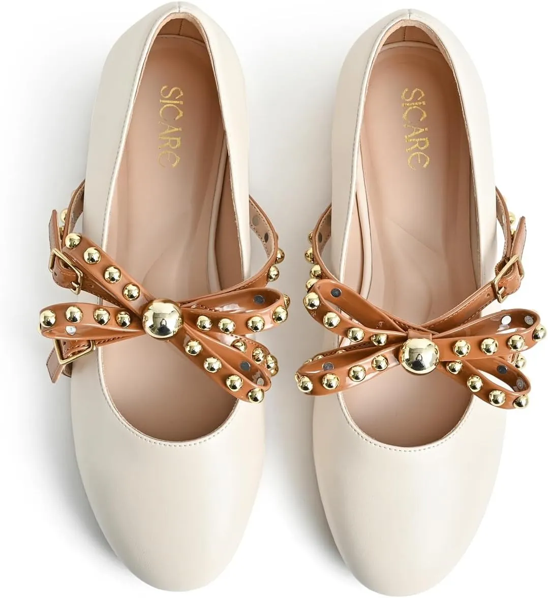 Women's Mary Jane Flats Round Toe Ballet Flats Shoes Pearl Embellished Bow Loafer Flats Slip On Comfortable Stud Strap Soft Dressy Flats Shoes