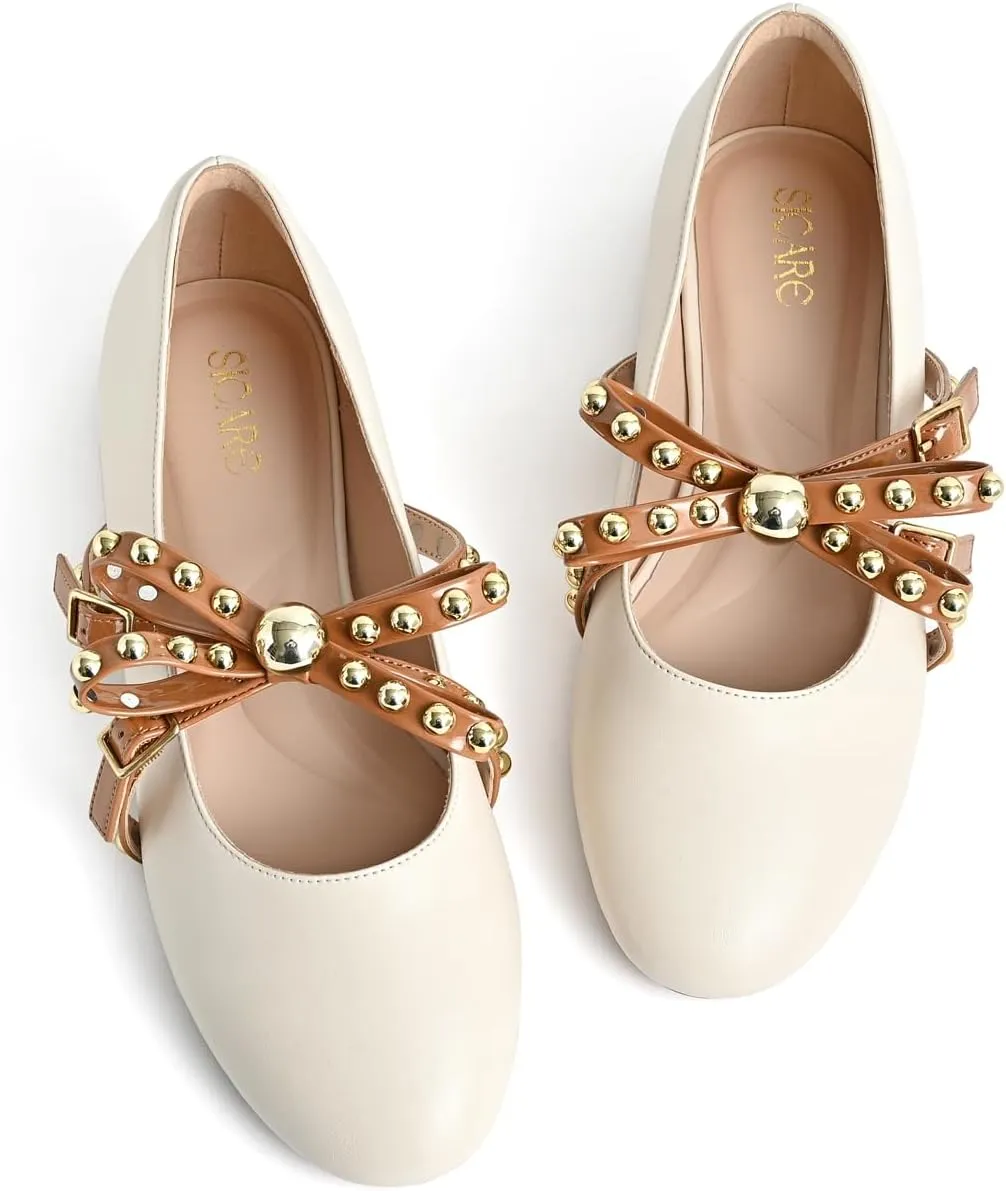 Women's Mary Jane Flats Round Toe Ballet Flats Shoes Pearl Embellished Bow Loafer Flats Slip On Comfortable Stud Strap Soft Dressy Flats Shoes