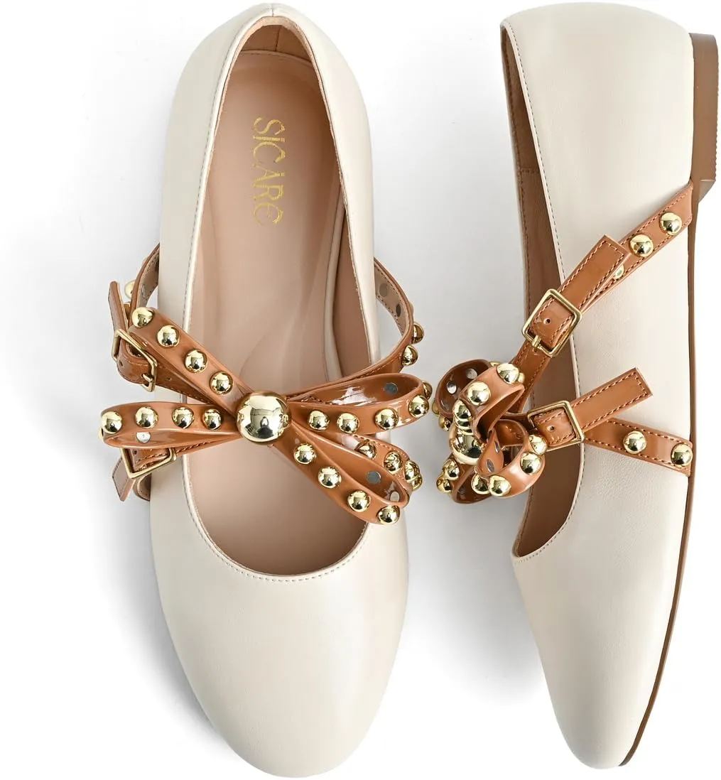 Women's Mary Jane Flats Round Toe Ballet Flats Shoes Pearl Embellished Bow Loafer Flats Slip On Comfortable Stud Strap Soft Dressy Flats Shoes
