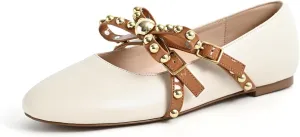 Women's Mary Jane Flats Round Toe Ballet Flats Shoes Pearl Embellished Bow Loafer Flats Slip On Comfortable Stud Strap Soft Dressy Flats Shoes