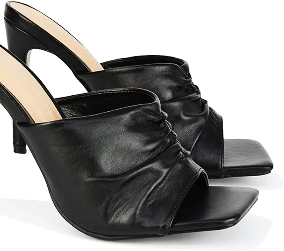 Womens Open Toe High Heel Sandals Ladies Ruched Square Toe Stiletto Party Mule Shoes Size 3-8