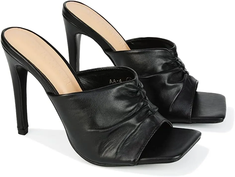 Womens Open Toe High Heel Sandals Ladies Ruched Square Toe Stiletto Party Mule Shoes Size 3-8
