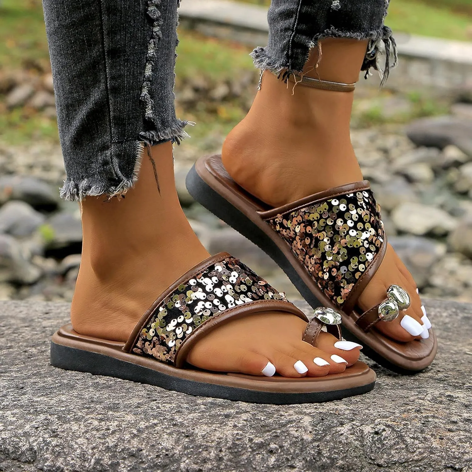 Women's Rhinestone Flat Sandals Women Flip Flops with Clip Toe Open Comfort Walking with Slip On Slide Belts