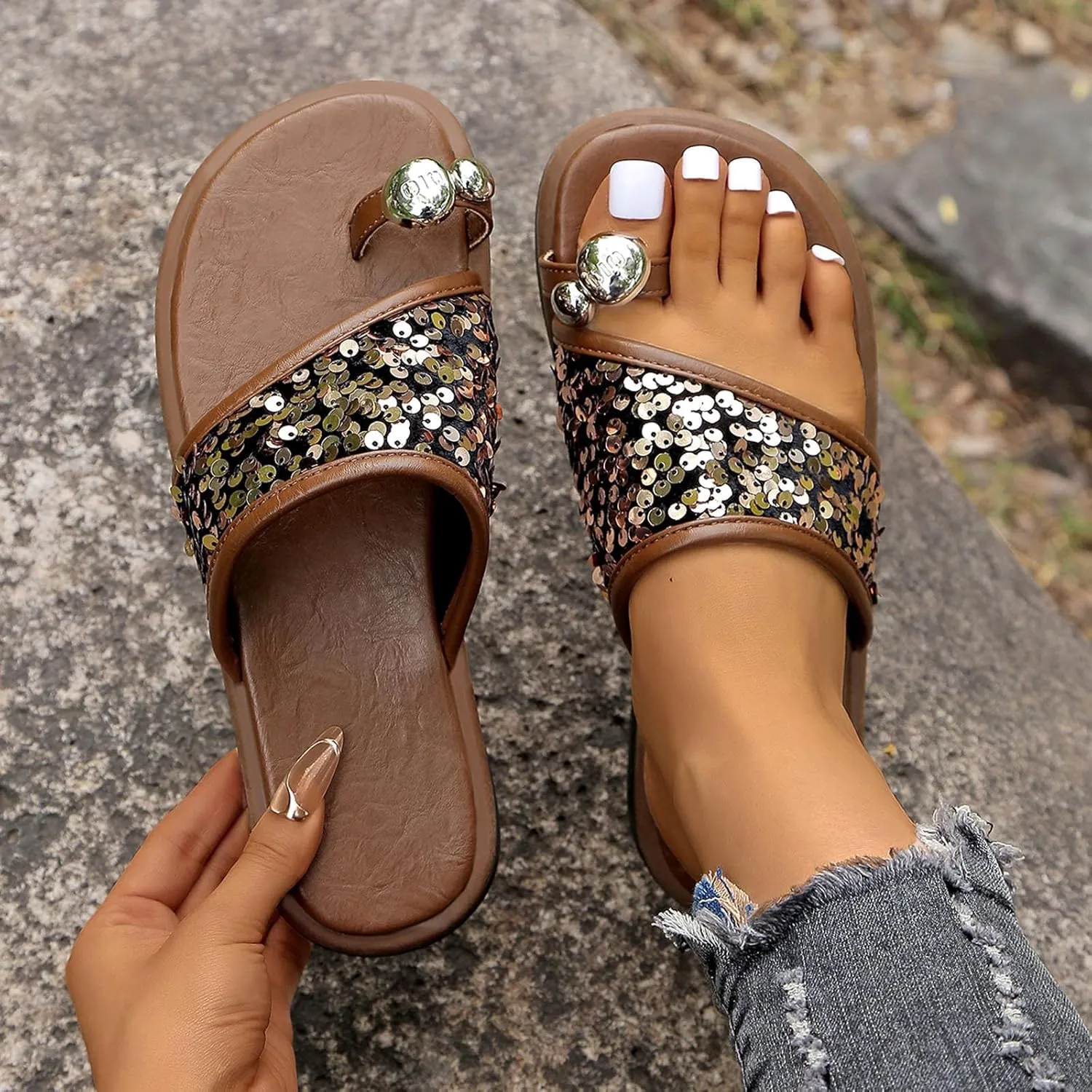 Women's Rhinestone Flat Sandals Women Flip Flops with Clip Toe Open Comfort Walking with Slip On Slide Belts