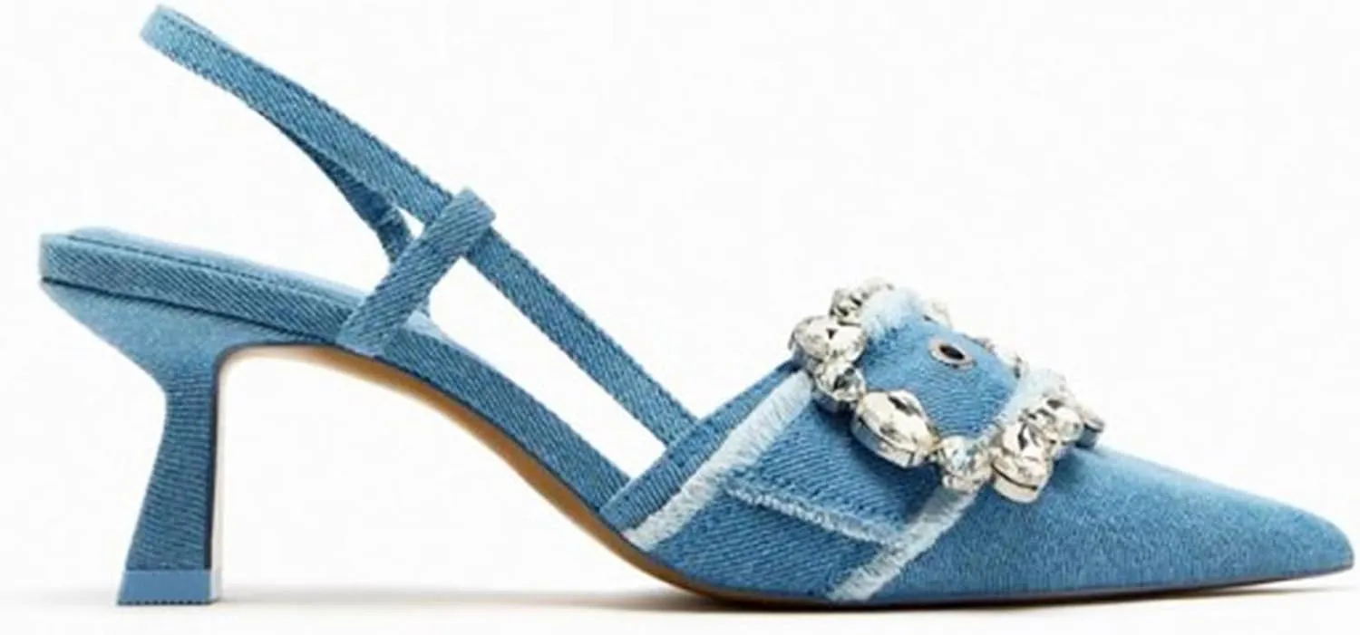 Women's Rhinestone Pointed Toe Denim Kitten Heels,Slip On Slingback Low Heel Mule Pumps Evening Party Wedding Dress Shoes