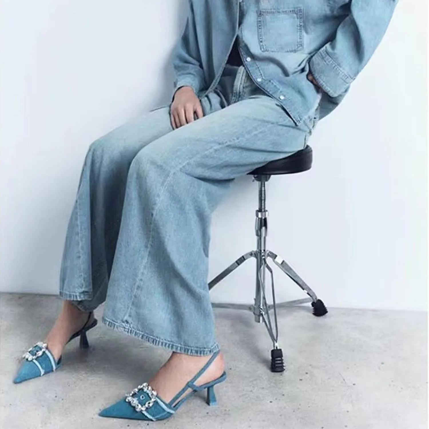 Women's Rhinestone Pointed Toe Denim Kitten Heels,Slip On Slingback Low Heel Mule Pumps Evening Party Wedding Dress Shoes