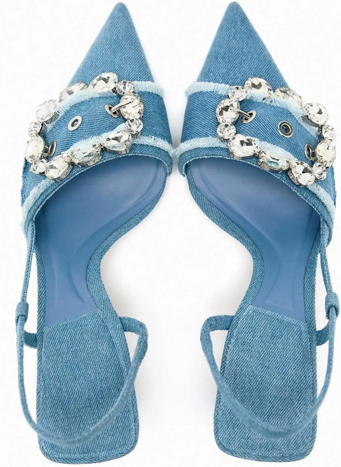 Women's Rhinestone Pointed Toe Denim Kitten Heels,Slip On Slingback Low Heel Mule Pumps Evening Party Wedding Dress Shoes
