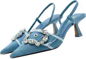 Women's Rhinestone Pointed Toe Denim Kitten Heels,Slip On Slingback Low Heel Mule Pumps Evening Party Wedding Dress Shoes