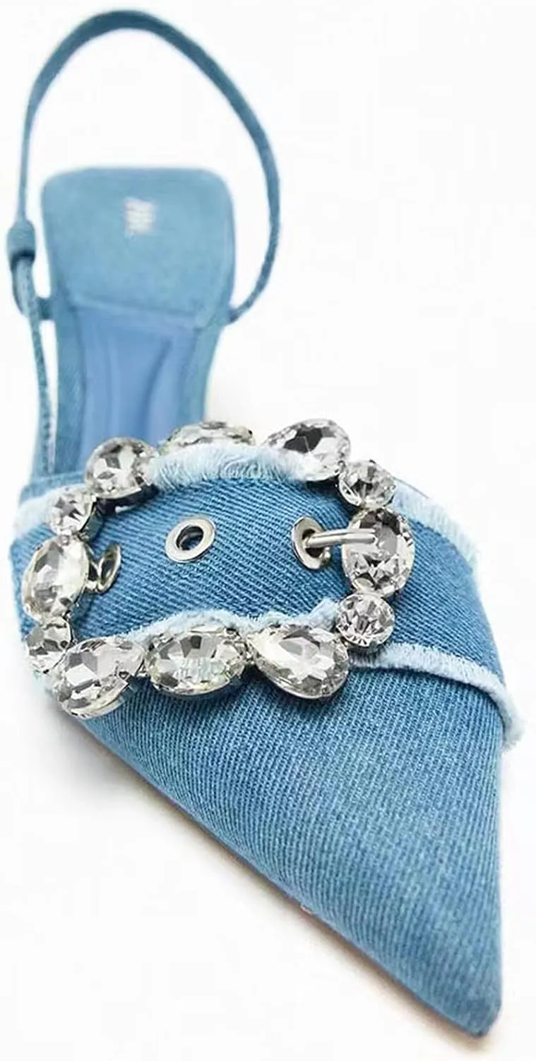 Women's Rhinestone Pointed Toe Denim Kitten Heels,Slip On Slingback Low Heel Mule Pumps Evening Party Wedding Dress Shoes