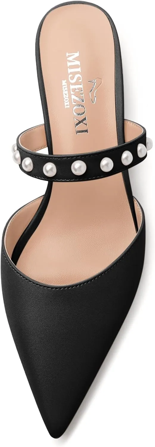 Womens Slippers Low Block Heels Pointed Toe Mule Pumps with Waist Strap Pearl Decoration Slip-on Women Sandals