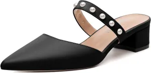 Womens Slippers Low Block Heels Pointed Toe Mule Pumps with Waist Strap Pearl Decoration Slip-on Women Sandals