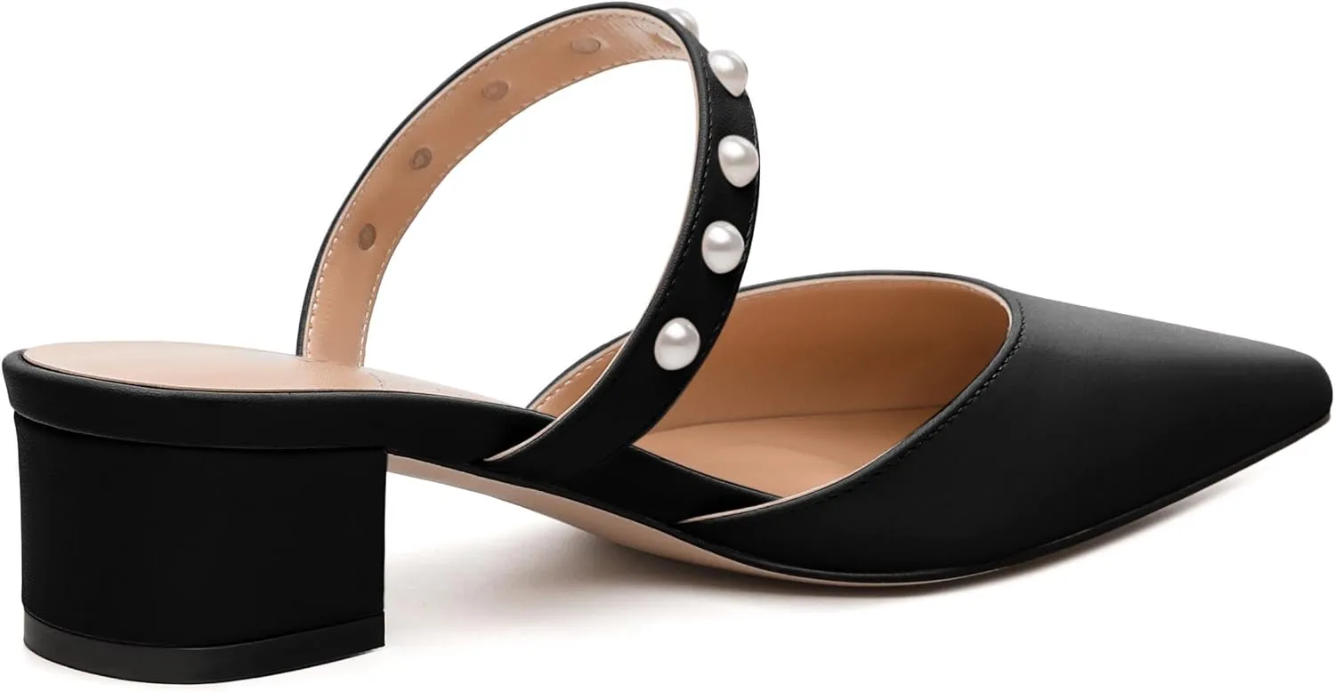 Womens Slippers Low Block Heels Pointed Toe Mule Pumps with Waist Strap Pearl Decoration Slip-on Women Sandals
