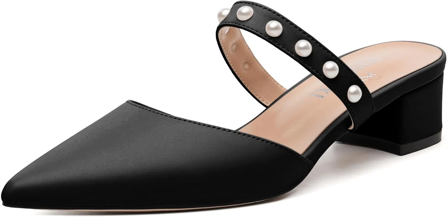 Womens Slippers Low Block Heels Pointed Toe Mule Pumps with Waist Strap Pearl Decoration Slip-on Women Sandals