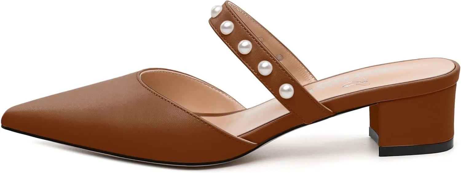 Womens Slippers Low Block Heels Pointed Toe Mule Pumps with Waist Strap Pearl Decoration Slip-on Women Sandals