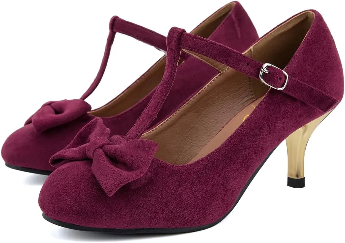 XYD Women Classic Pumps Bow Knot T-Strap Round Toe Mary Jane Kitten Low Heels with Buckle Office Pumps Casual Shoes