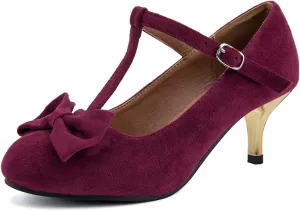XYD Women Classic Pumps Bow Knot T-Strap Round Toe Mary Jane Kitten Low Heels with Buckle Office Pumps Casual Shoes