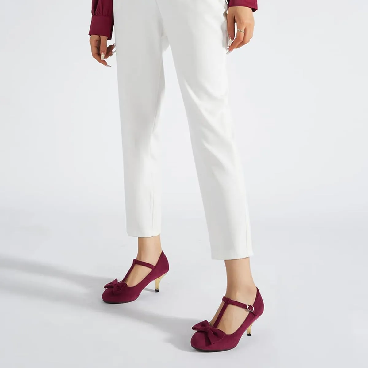XYD Women Classic Pumps Bow Knot T-Strap Round Toe Mary Jane Kitten Low Heels with Buckle Office Pumps Casual Shoes