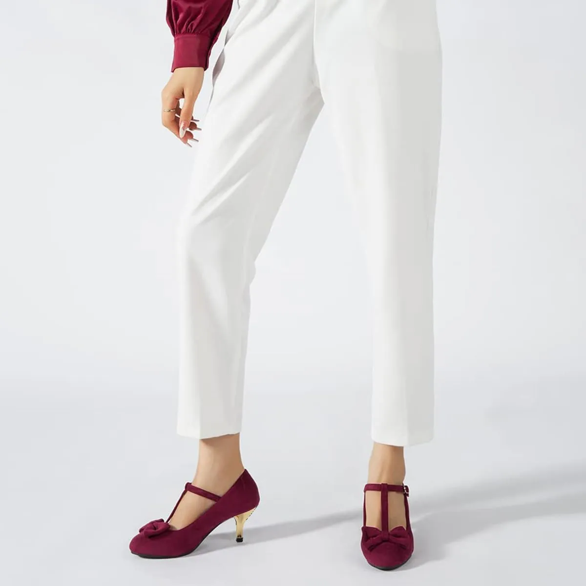 XYD Women Classic Pumps Bow Knot T-Strap Round Toe Mary Jane Kitten Low Heels with Buckle Office Pumps Casual Shoes