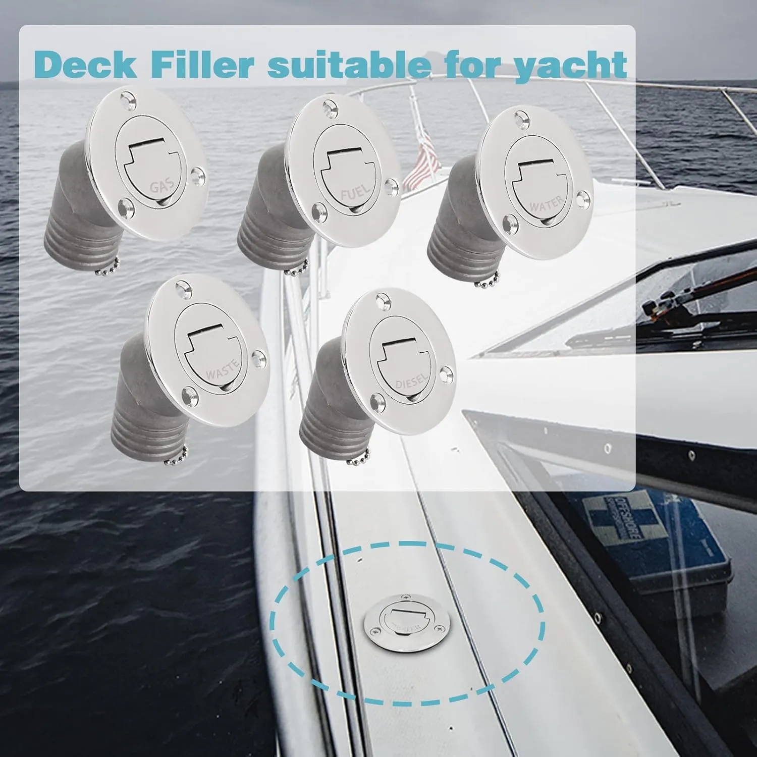 YANYUCB Boat Deck Fuel/Gas/Water/Diesel/Waste Filler with Keyless Cap(1-1/2 inch,2inch),316 Stainless Steel Boat Deck Hardware