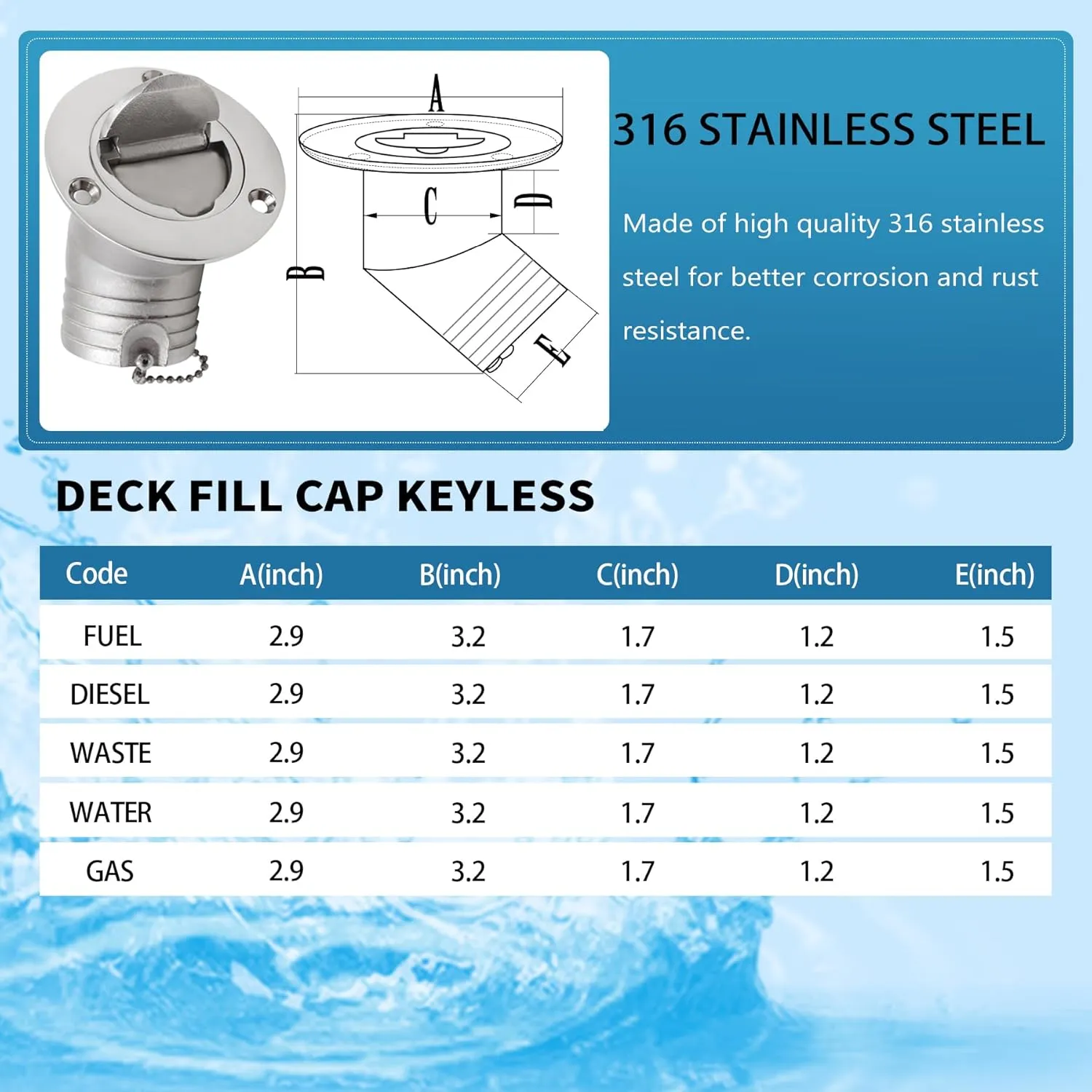 YANYUCB Boat Deck Fuel/Gas/Water/Diesel/Waste Filler with Keyless Cap(1-1/2 inch,2inch),316 Stainless Steel Boat Deck Hardware
