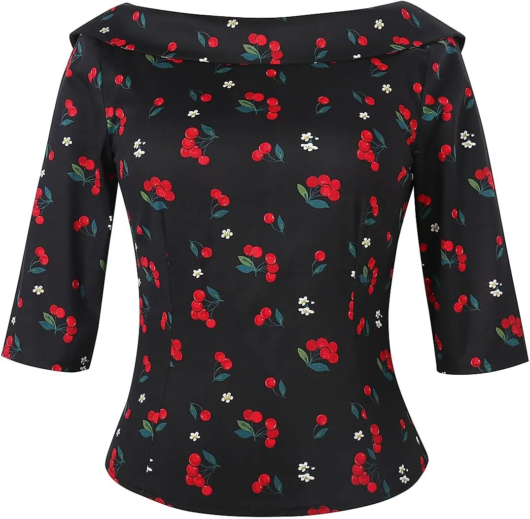 YARN & INK Women's 1950s Vintage Pinup Tops, Back Bow Tie Cute Rockabilly Elegant Shirt, Medium Sleeves Blouse